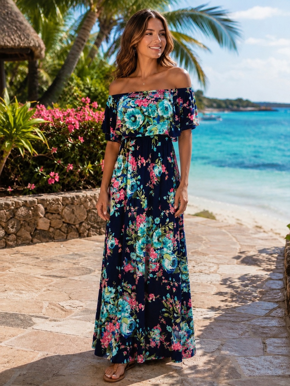 NWOT Bellamie XL Floral Off Shoulder Maxi Dress Navy Boho Beach Elastic Waist